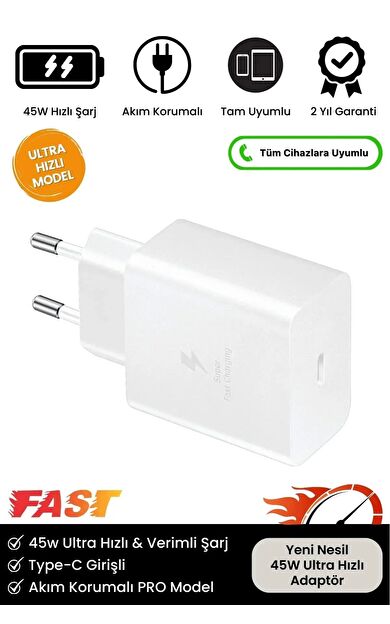 Premium 45W Ultra Hızlı Şarj Seti Adaptör + Type C Kablosu Tüm Telefonlara Uyumlu Şarj Cihazı
