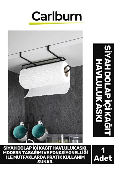 Özel Üretim 28x13 cm Metal İz Bırakmayan Kolay Montaj Dayanıklı Siyah Dolap İçi Kağıt Havluluk Askı
