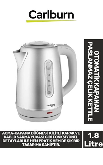 Premium 1800W 1.8 Litre Kapasiteli 304 Paslanmaz Çelik Otomatik Kapanan 360 Derece Dönen Kettle