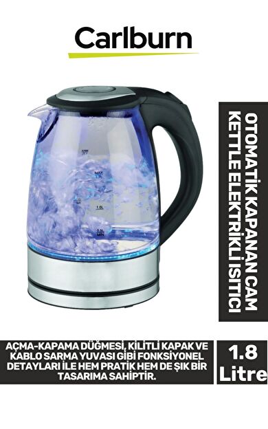 Premium 1500W Şeffaf Görüntü Su Seviye Takip Led Aydınlatma 1.8 Litre Cam Kettle Elektrikli Isıtıcı