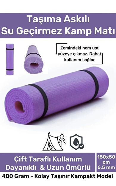 #KampMatı Taşıma Askılı Su Geçirmez Çift Taraflı Kaymaz Çadır Uyku 6.5mm Lila Kamp Yer Minderi
