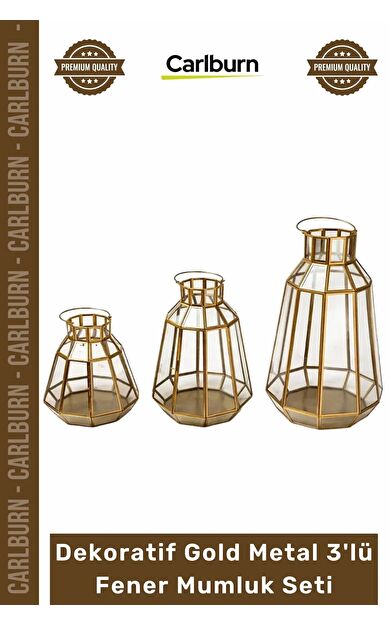 Özel Üretim Şık Estetik Geometrik Lüks Modern Salon Antre Dekoratif Gold Metal 3'lü Fener Mumluk Set