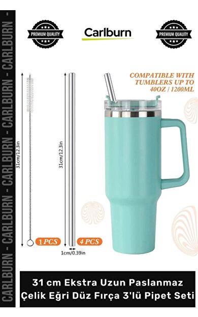 #PipetSeti Termos Bardak Ekolojik 31 cm Ekstra Uzun Paslanmaz Çelik Eğri Düz Fırça 3'lü Pipet Seti