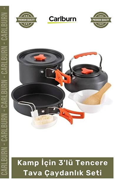 #KampSeti Katlanabilir Alüminyum Isı İletkenliği Yüksek Profesyonel Outdoor Piknik Kamp İçin 3'lü Tencere Tava Çaydanlık Seti