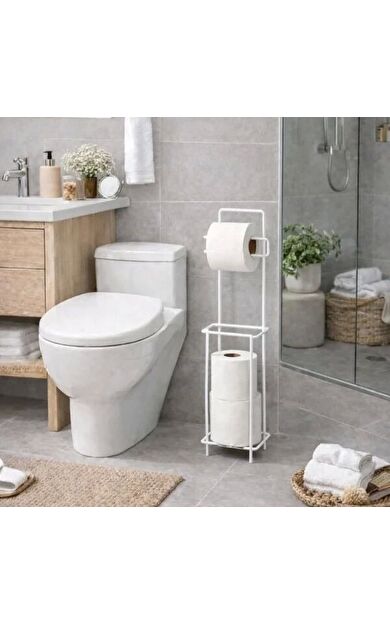 Metal Gövde Zemine Pratik Hijyenik Banyo Düzenleyici Beyaz Standlı Yedek Hazneli Tuvalet Kağıtlığı