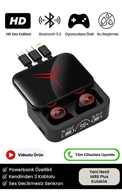 HD Ses Göstergeli Powerbank Özellikli Ios Android Uyumlu 5.2 Bluetooth M88 Plus Kablosuz Kulaklık