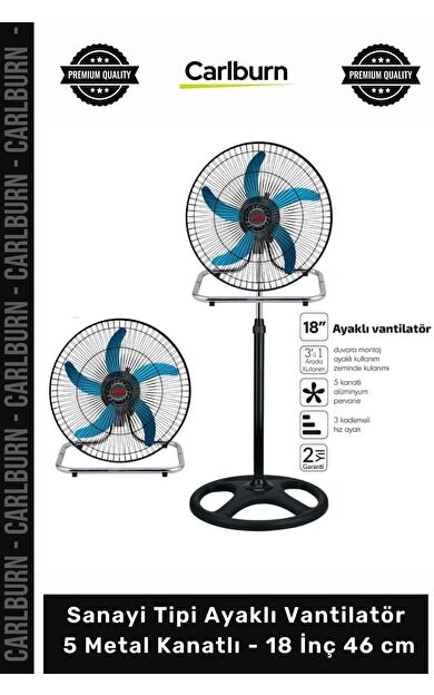 Özel Üretim 80W Güçlü 3in1 Profesyonel Sanayi Tipi Ayaklı Vantilatör 5 Metal Kanatlı 18 İnç 46 cm
