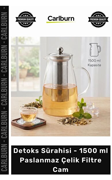 Özel Üretim Sağlıklı Yaşam Mutfak Kaliteli Detoks Sürahisi 1500 ml Paslanmaz Çelik Filtre Cam