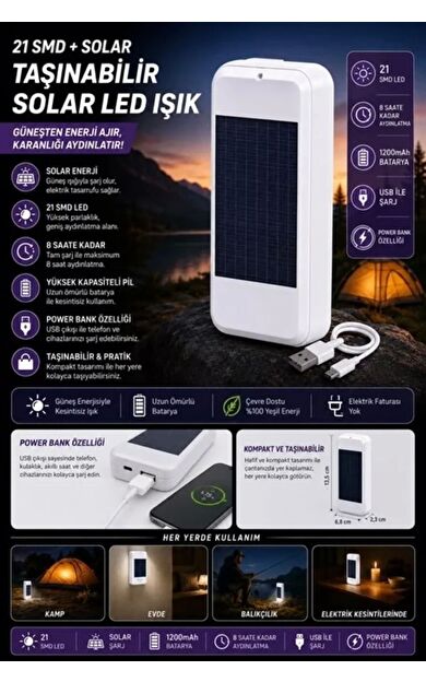 #Powerbank Güneş Enerjili Kamp Tipi Fenerli Yüksek Kapasiteli Taşınabilir Solar Led Powerbank