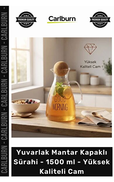#Sürahi Şık Modern Tasarım Sunum Yuvarlak Mantar Kapaklı Sürahi 1500 ml Yüksek Kaliteli Cam