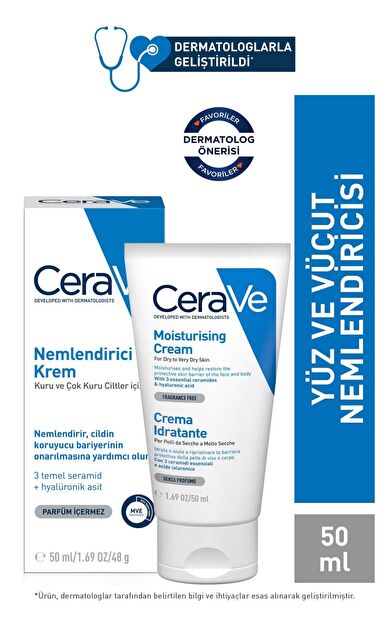 CeraVe Nemlendirici Krem Kuru Ciltler Seramid ve Hyalüronik Asit İçerikli Yüz Vücut 50ml