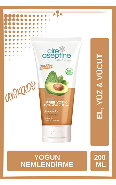 Cire Aseptine Soft Prebiyotik Avokado El,Yüz ve Vücut Kremi 200 Ml Tüp