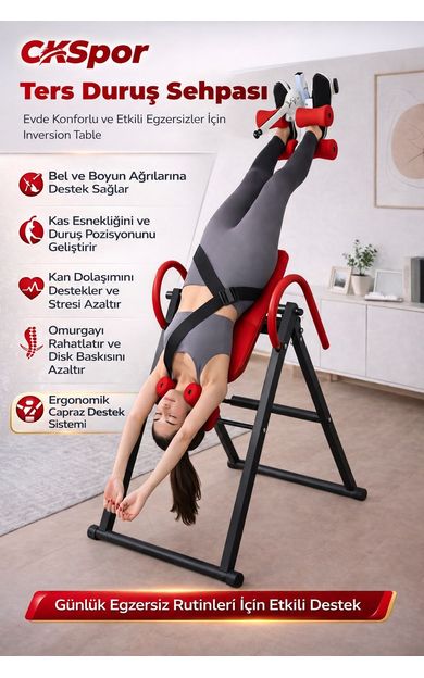 CKSPOR Ters Duruş Sehpası İnversion Table 150 Kg Evde Spor Bel Sırt Esnetme Aleti Kırmızı