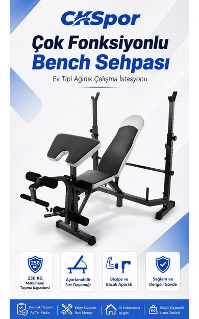 Çok Fonksiyonlu Bench Press Sehpası Biceps ve Bacak Aparatlı Ağırlık Çalışma İstasyonu