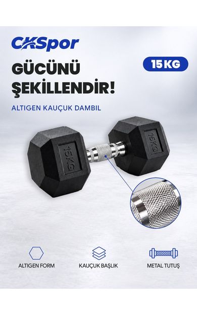 CKSPOR 15 Kg Altıgen Kauçuk Dambıl Hex Dumbbell Fitness Kuvvet Antrenmanı Ağırlığı
