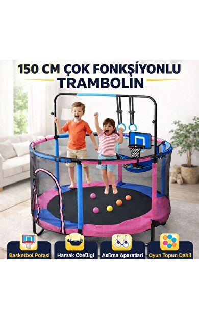 CKSPOR 150 cm (60 İnç) Güvenlik Fileli Büyük Boy Çocuk Trambolini – Ekstra Hediyeli Trambolin