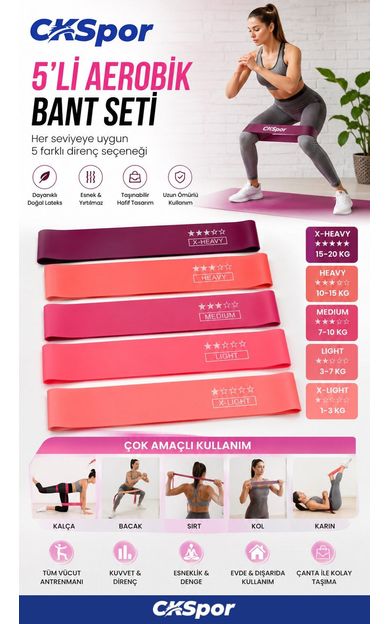 CKSPOR 5'li Aerobik Direnç Bandı Seti Pilates Fitness Yoga Egzersiz Lastiği 5 Seviye
