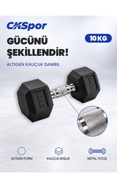 CKSPOR 10 Kg Altıgen Kauçuk Dambıl Hex Dumbbell Fitness Kuvvet Antrenmanı Ağırlığı