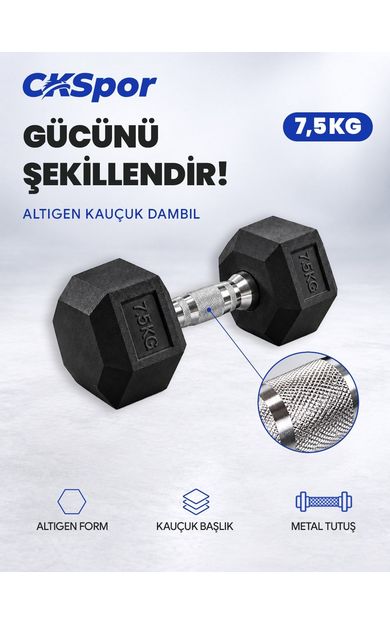 CKSPOR 7,5 Kg Altıgen Kauçuk Dambıl Hex Dumbbell Fitness Kuvvet Antrenmanı Ağırlığı