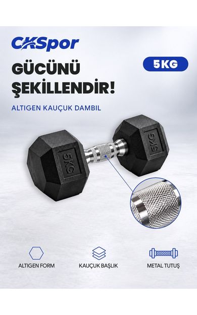 CKSPOR 5 Kg Altıgen Kauçuk Dambıl Hex Dumbbell Fitness Kuvvet Antrenmanı Ağırlığı