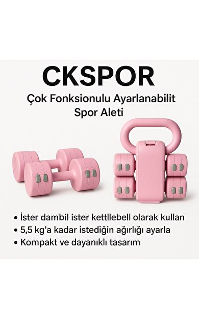 CKSPOR Ayarlanabilir Dambıl &amp; Kettlebell – 5,5 kg Çok Fonksiyonlu Spor Aleti (Pembe)
