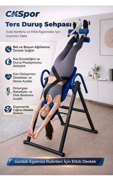 CKSPOR Ters Duruş Sehpası İnversion Table 150 Kg Evde Spor Bel Sırt Esnetme Aleti Mavi