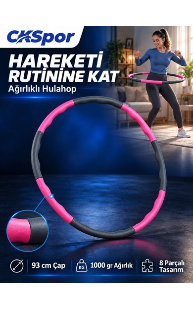 CKSPOR Hulahop 93 cm 1000 gr 8 Parçalı Dalgalı İç Yüzeyli Egzersiz Çemberi Pembe-Gri