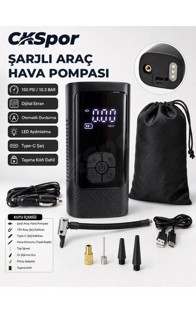 CKSPOR Şarjlı Araç Hava Pompası 150 PSI Dijital Otomatik Durdurmalı Taşınabilir Kompresör
