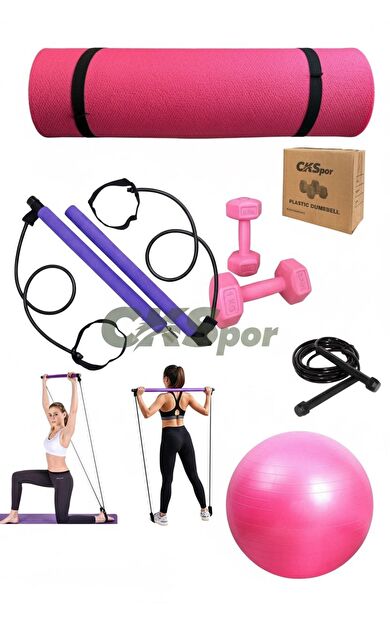 CKSPOR 5’li Pilates Seti – 10 mm Pilates Matı + Studio Topu + 2×1 kg Plastik Dambıl + Atlama İpi | Ev Fitness &amp; Full Body Egzersiz Seti