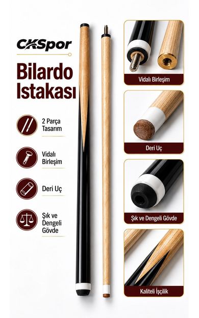 CKSPOR Bilardo Istakası 2 Parça Vidalı Birleşim Deri Uçlu Şık Dengeli Ahşap Bilardo Sopası