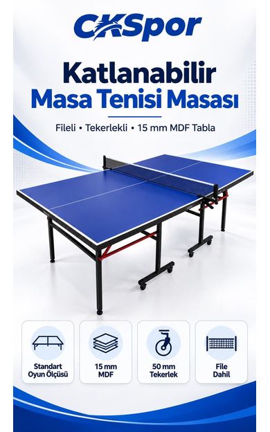 CKSPOR Profesyonel Katlanabilir Masa Tenisi Masası Fileli Tekerlekli MDF Ping Pong Masası