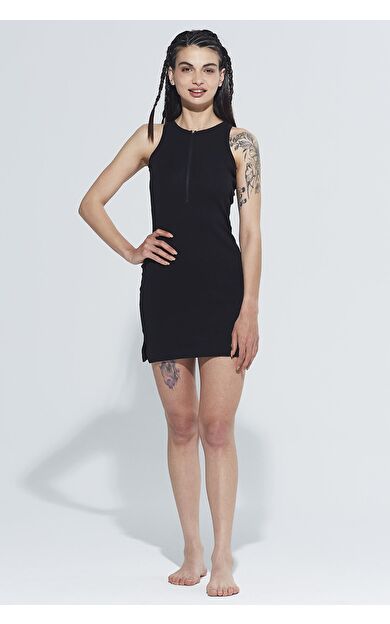 Comm-Ci Adel Bisiklet Yaka Fermuar Detaylı Slim Fit Mini Örme Elbise - siyah