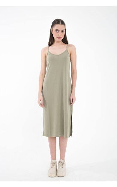 Comm-Ci Camael V Yaka Askılı Yandan Yırtmaçlı Midi Boy Örme Elbise - yeşil