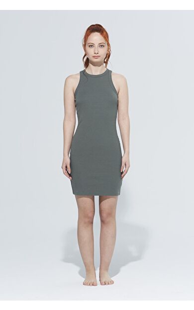 Comm-Ci Dakota Halter Yaka Ribanalı Diz Üstü Basic Örme Elbise - moss