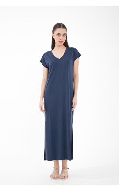 Comm-Ci Mael V Yaka Kısa Kollu Yandan Yırtmaçlı Örme Uzun Elbise - lacivert