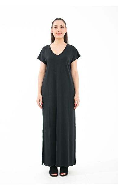 Comm-Ci Mael V Yaka Kısa Kollu Yandan Yırtmaçlı Örme Uzun Elbise - siyah