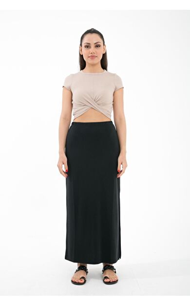 Comm-Ci Neria Beli Lastikli Yandan Yırtmaçlı Örme Uzun Etek - siyah
