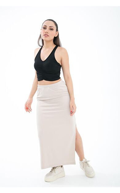 Comm-Ci Neria Beli Lastikli Yandan Yırtmaçlı Örme Uzun Etek - nude