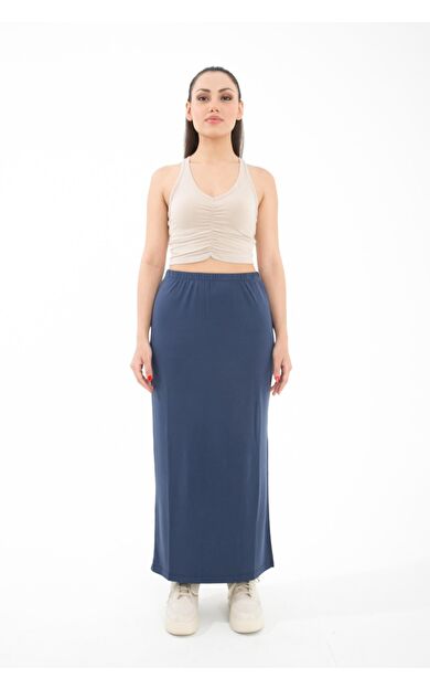 Comm-Ci Neria Beli Lastikli Yandan Yırtmaçlı Örme Uzun Etek - lacivert