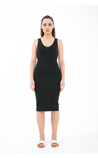 Comm-Ci Pruel V Yaka Organik Pamuk Slim Fit Midi Boy Elbise - siyah