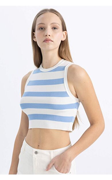 DeFactoFit Coool Slim Fit Bisiklet Yaka Çizgili Triko Atlet A8242AX24SPBE303