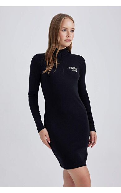 DeFacto Coool Bodycon Yarım Balıkçı Yaka Fitilli Kaşkorse Mini Uzun Kollu Elbise
