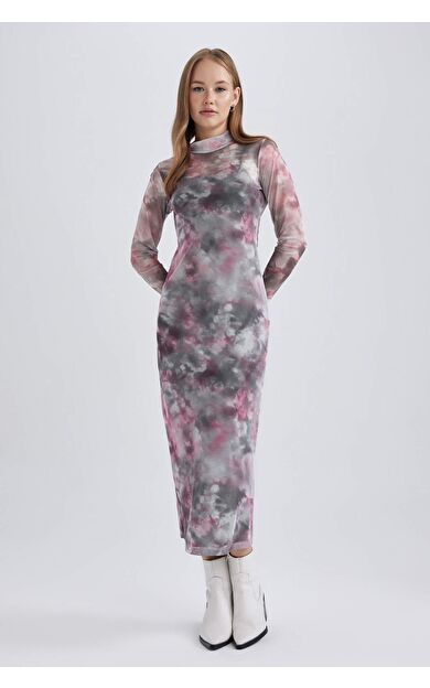 DeFacto Coool Bodycon Yarım Balıkçı Yaka Desenli Maxi Uzun Kollu Mesh Elbise