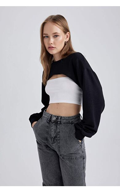 DeFacto Coool Crop Bisiklet Yaka Kalın Kumaş Sweatshirt