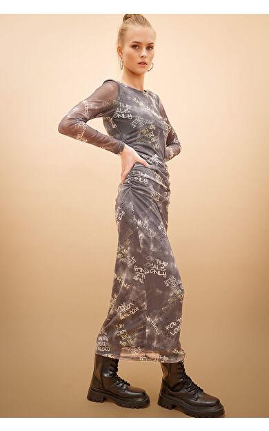DeFactoFit Coool Bodycon Desenli Maxi Uzun Kollu Elbise