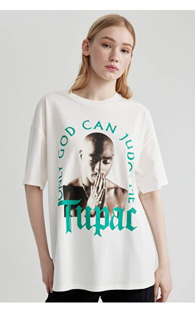 DeFactoFit Coool Tupac Shakur Oversize Fit Bisiklet Yaka Baskılı Kısa Kollu Tişört C3802AX24SMWT32