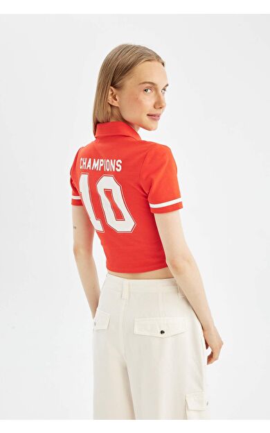 DeFactoFit Coool Fitted Polo Yaka Baskılı Ribana Kısa Kollu Tişört