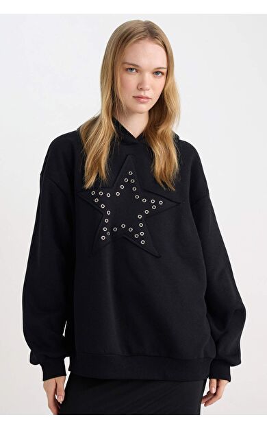 Kadın Siyah Coool Oversize Fit Geniş Kalıp Yıldızlı Kalın Sweatshirt