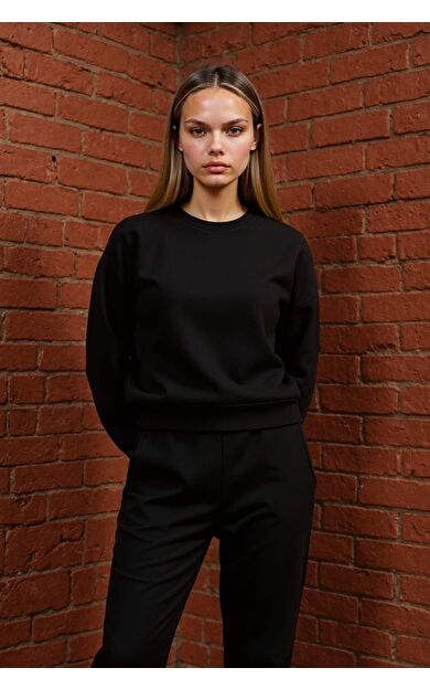 DeFacto Coool Oversize Fit Geniş Kalıp Bisiklet Yaka Basic Düz Kalın Kumaş Siyah Sweatshirt