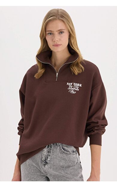 Coool Oversize Geniş Kalıp Fermuarlı Dik Yaka Baskılı Kalın Sweatshirt E9281AX25SPBN505